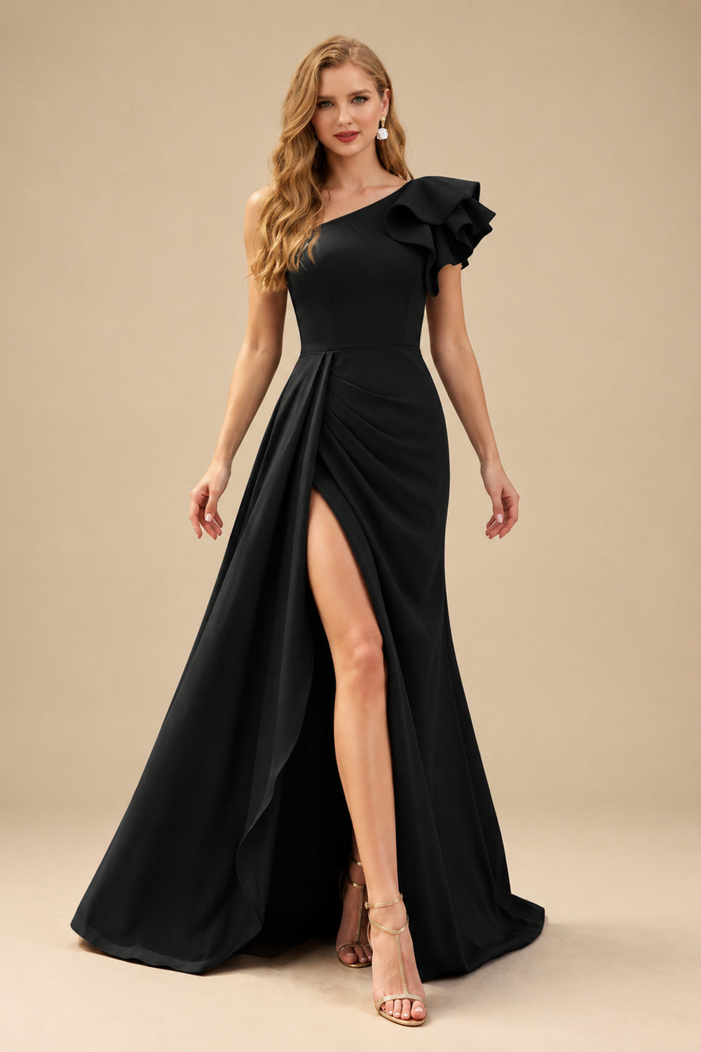 Rutipo Black One-Shoulder A-Line Ruffle Evening Dresses With Elastic Satin