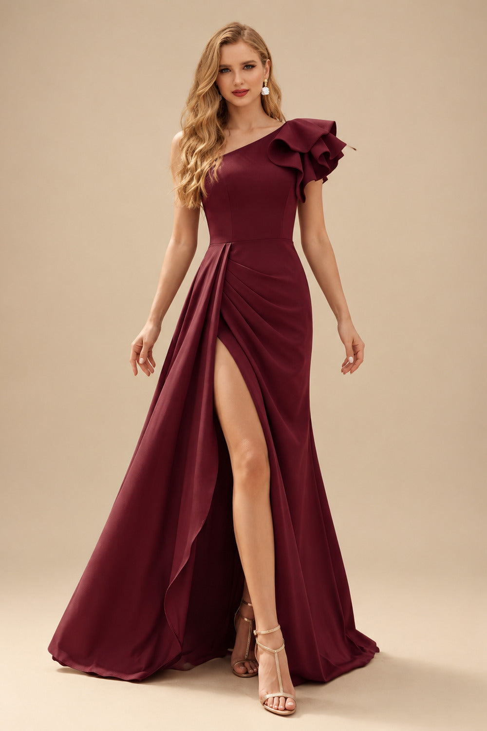 Rutipo Burgundy One-Shoulder A-Line Ruffle Evening Dresses With Elastic Satin