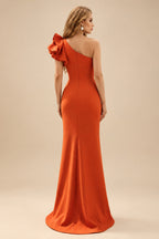 Rutipo Burnt Orange One-Shoulder A-Line Ruffle Evening Dresses With Elastic Satin