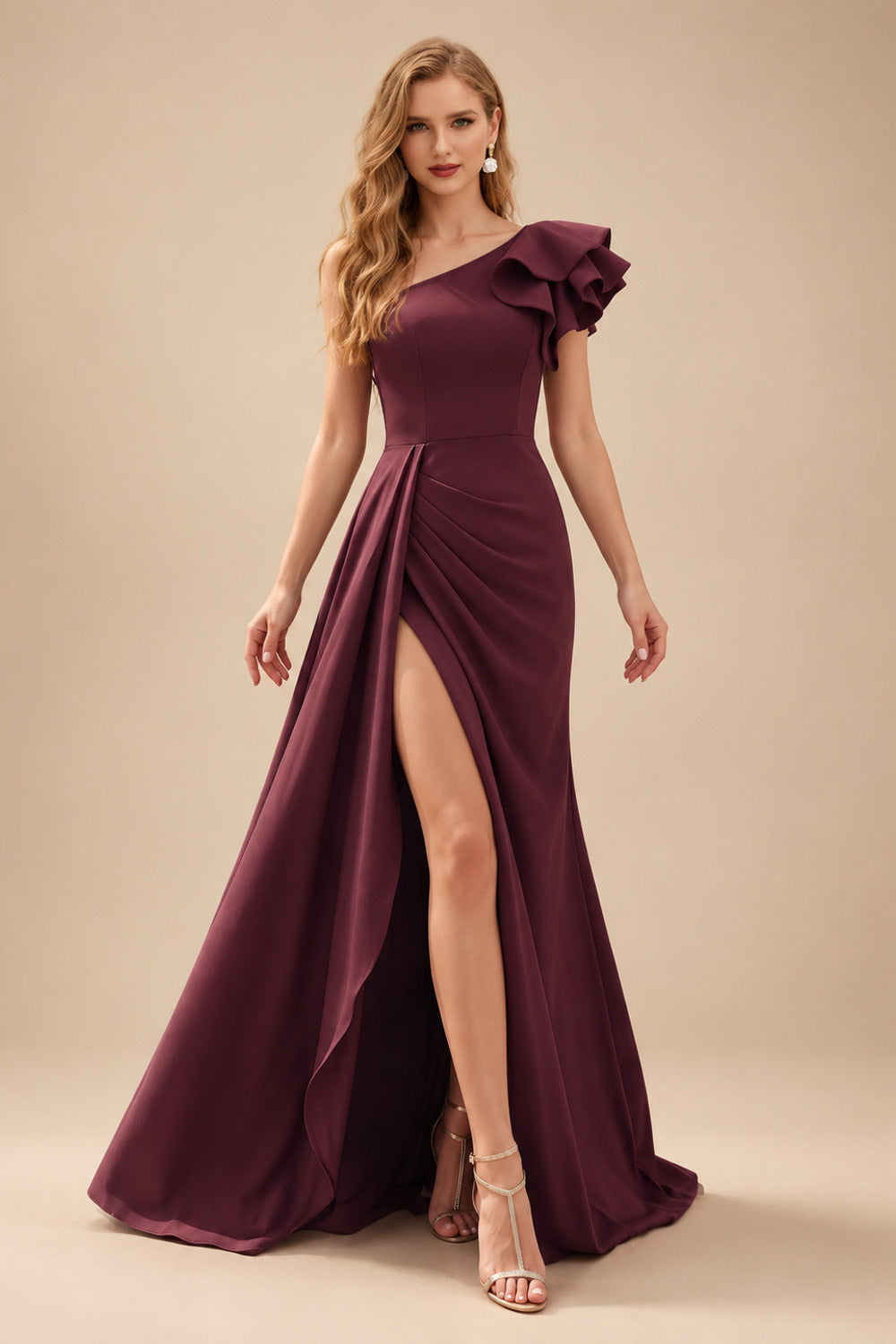 Rutipo Cabernet One-Shoulder A-Line Ruffle Evening Dresses With Elastic Satin
