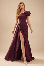 Rutipo Cabernet One-Shoulder A-Line Ruffle Evening Dresses With Elastic Satin
