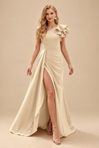 Rutipo Champagne One-Shoulder A-Line Ruffle Evening Dresses With Elastic Satin