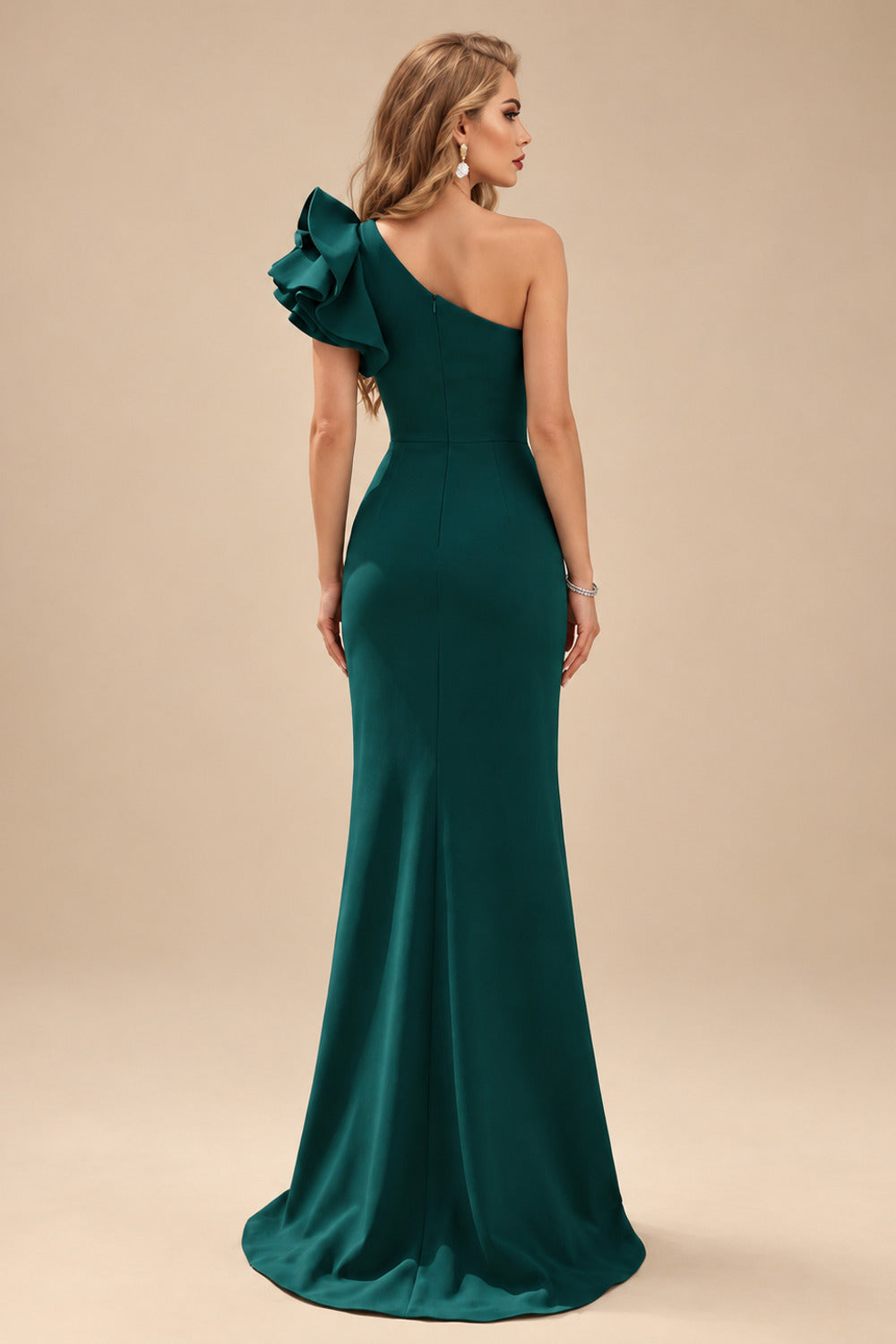 Rutipo Dark Green One-Shoulder A-Line Ruffle Evening Dresses With Elastic Satin