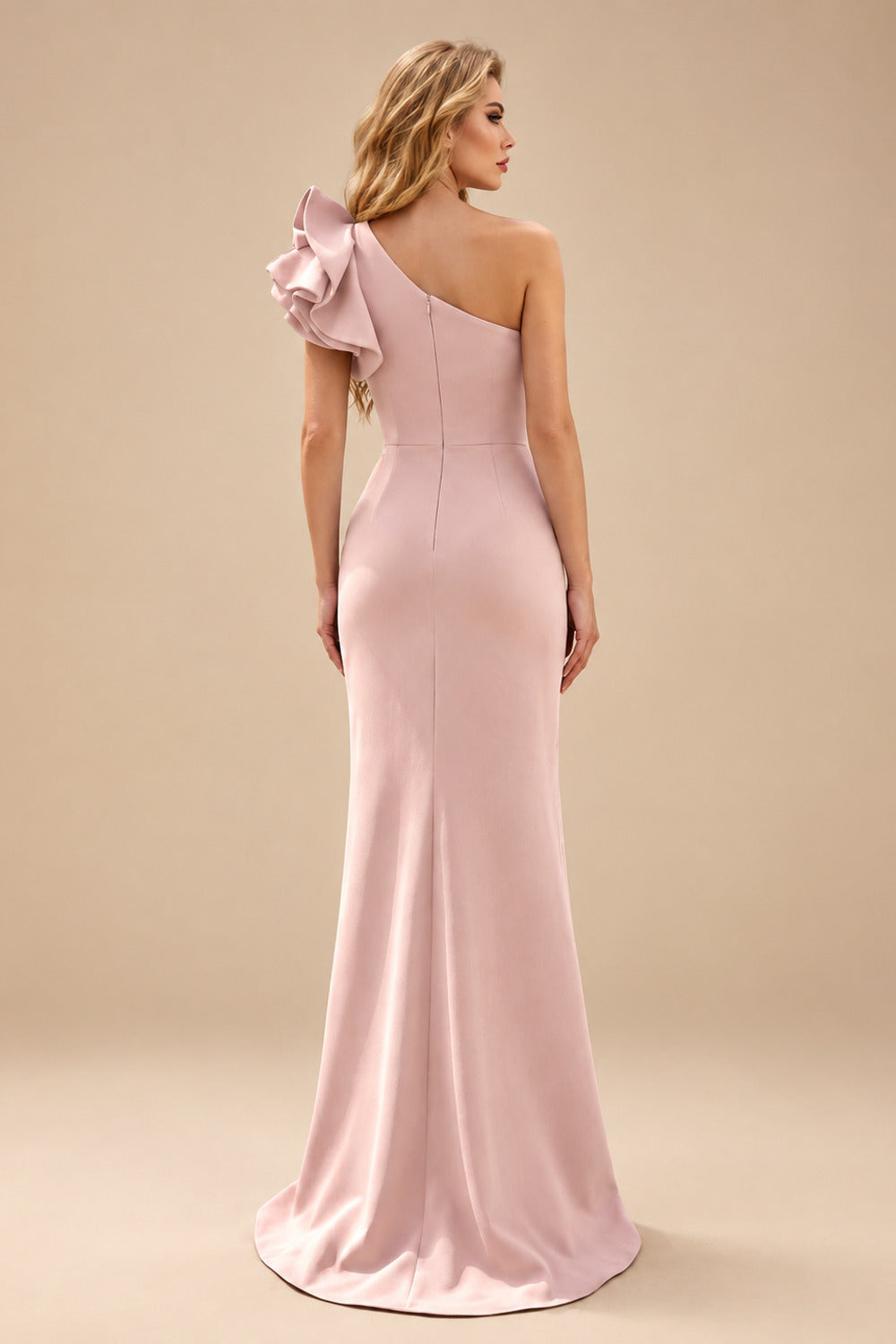 Rutipo Dusty Rose One-Shoulder A-Line Ruffle Evening Dresses With Elastic Satin