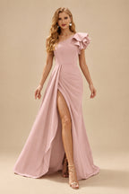 Rutipo Dusty Rose One-Shoulder A-Line Ruffle Evening Dresses With Elastic Satin