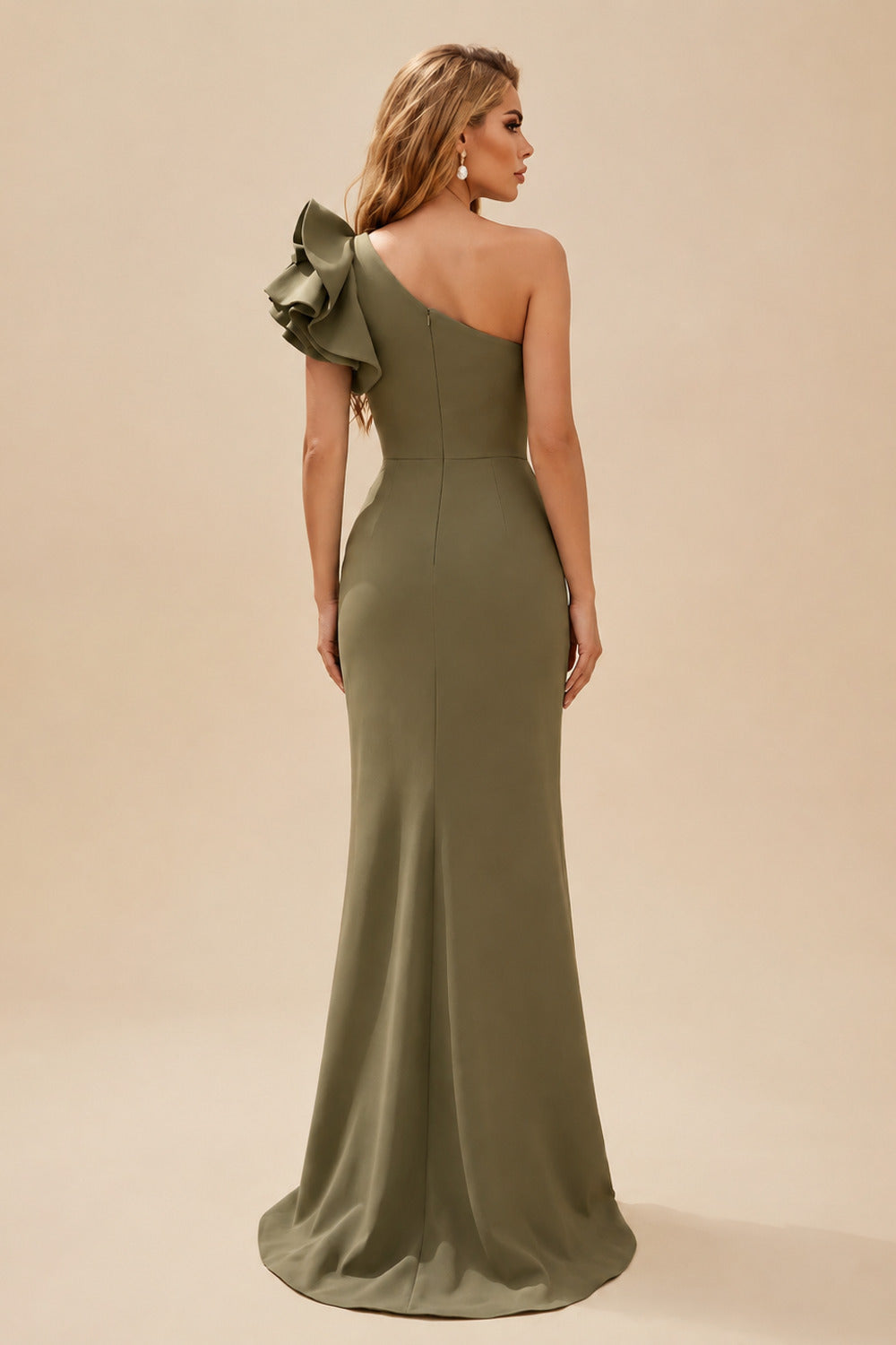 Rutipo Olive Green One-Shoulder A-Line Ruffle Evening Dresses With Elastic Satin