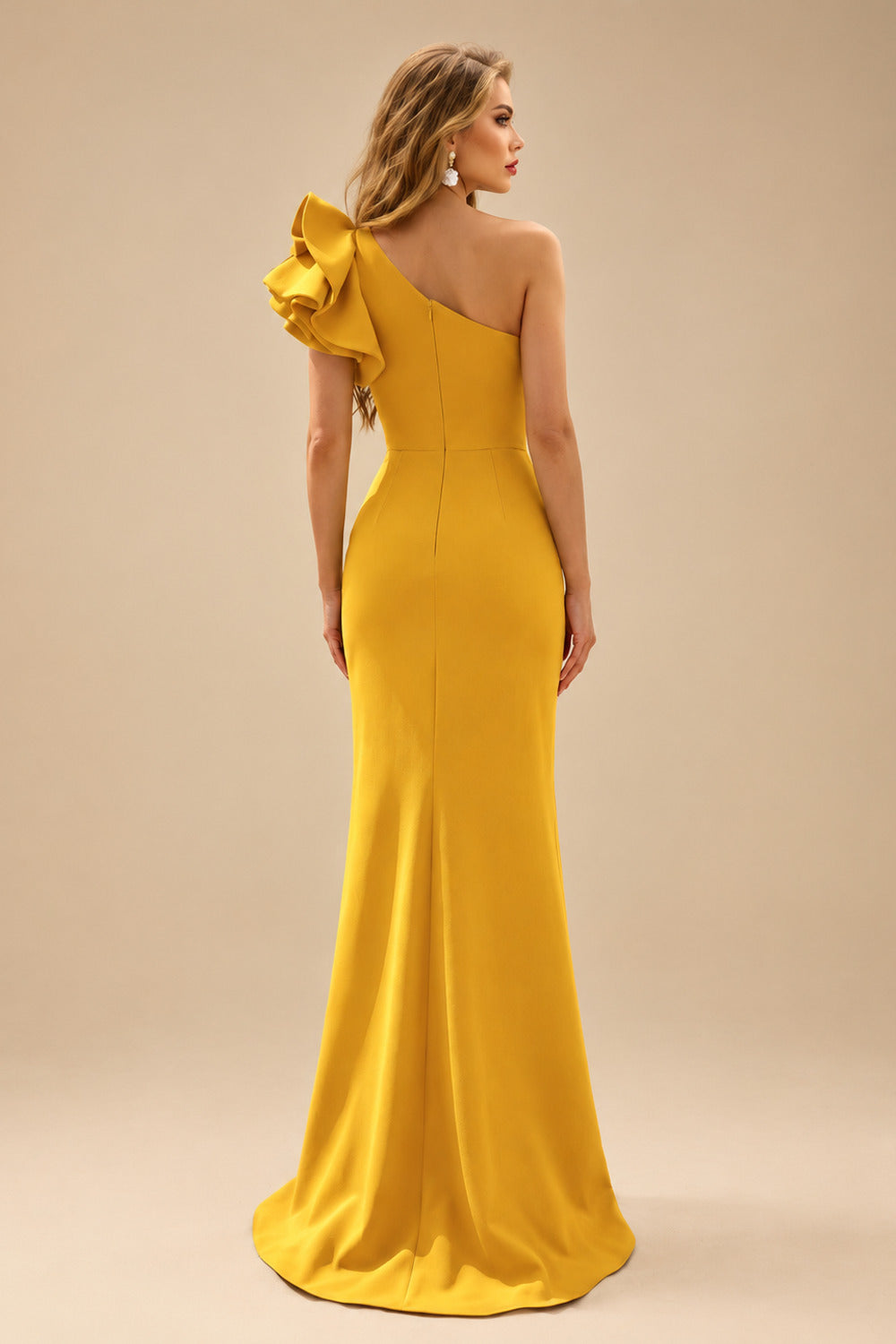 Rutipo Orange One-Shoulder A-Line Ruffle Evening Dresses With Elastic Satin