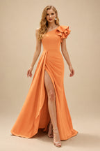 Rutipo Orange One-Shoulder A-Line Ruffle Evening Dresses With Elastic Satin