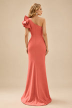 Rutipo Papaya One-Shoulder A-Line Ruffle Evening Dresses With Elastic Satin