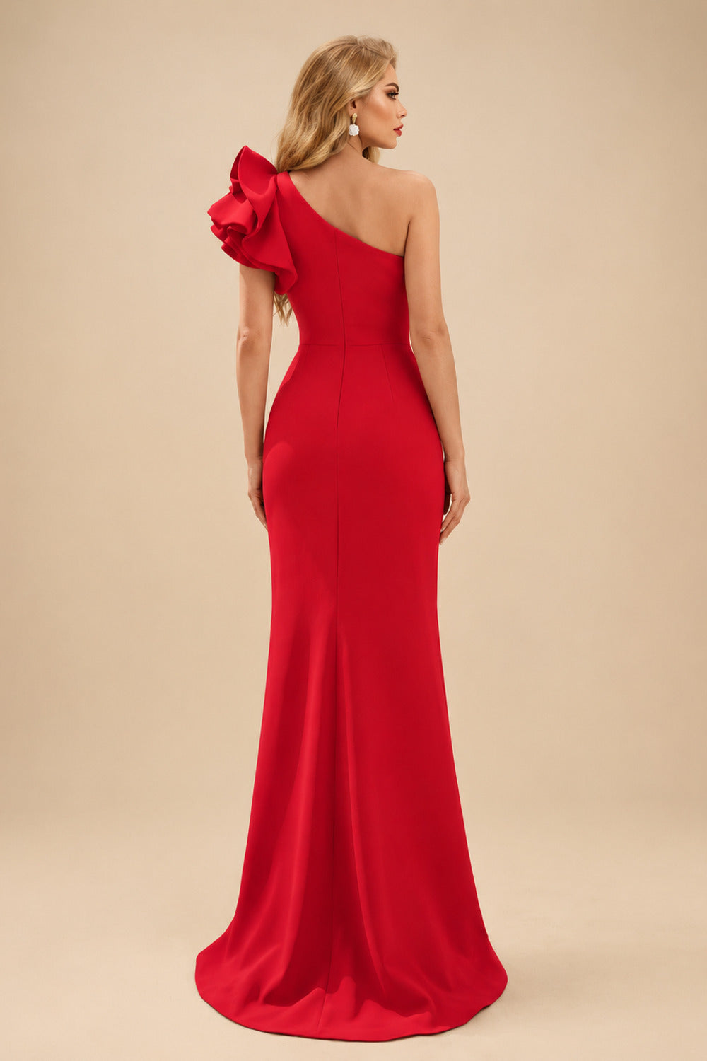Rutipo Red One-Shoulder A-Line Ruffle Evening Dresses With Elastic Satin