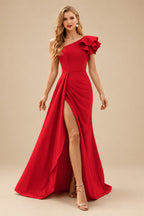 Rutipo Red One-Shoulder A-Line Ruffle Evening Dresses With Elastic Satin
