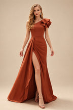 Rutipo Terracotta One-Shoulder A-Line Ruffle Evening Dresses With Elastic Satin