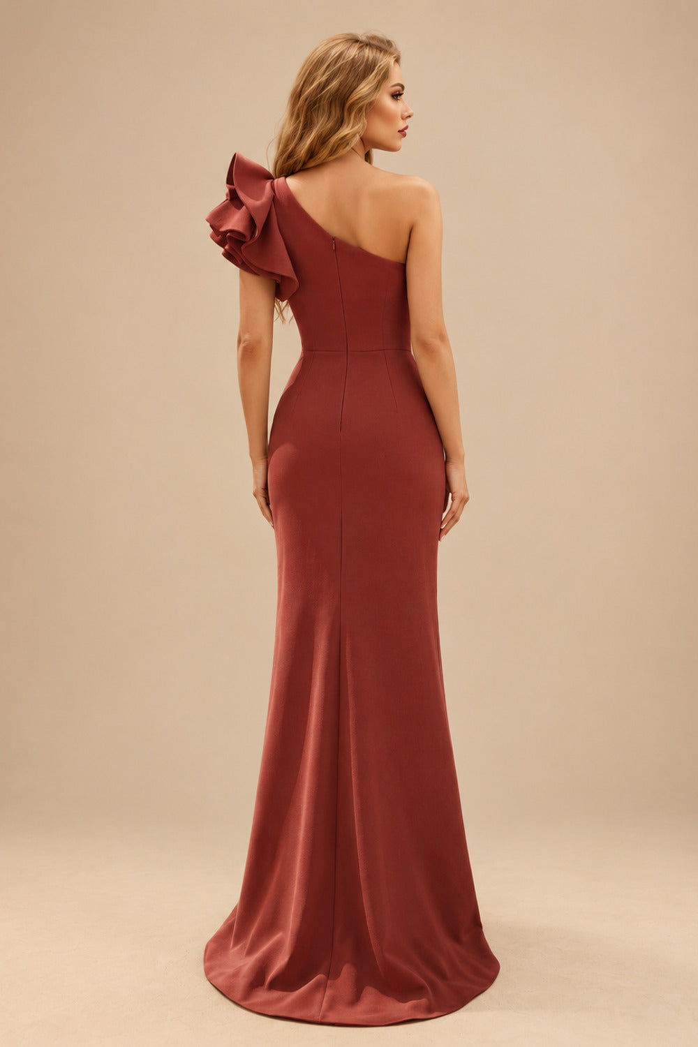 Rutipo Vermilion One-Shoulder A-Line Ruffle Evening Dresses With Elastic Satin