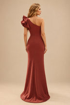 Rutipo Vermilion One-Shoulder A-Line Ruffle Evening Dresses With Elastic Satin