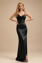 Rutipo Black Sheath/Column Cowl Neck Sleeveless Floor-Length Silk Like Satin Evening Dresses With Split Front