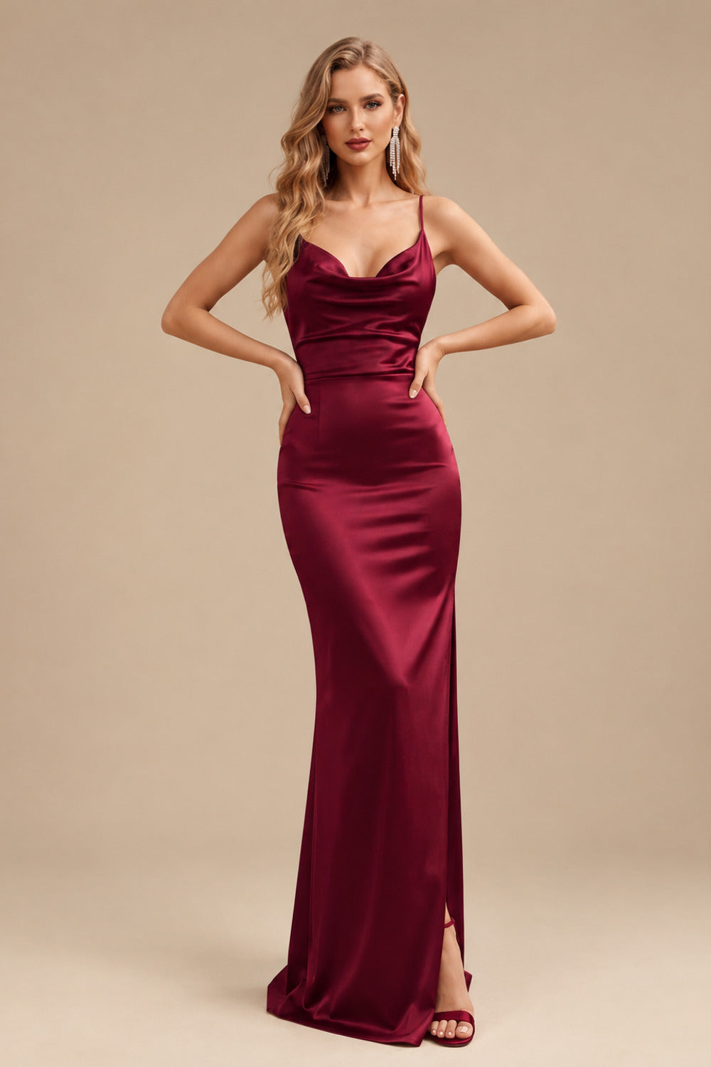 Rutipo Burgundy Sheath/Column Cowl Neck Sleeveless Floor-Length Silk Like Satin Evening Dresses With Split Front