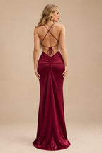 Rutipo Burgundy Sheath/Column Cowl Neck Sleeveless Floor-Length Silk Like Satin Evening Dresses With Split Front