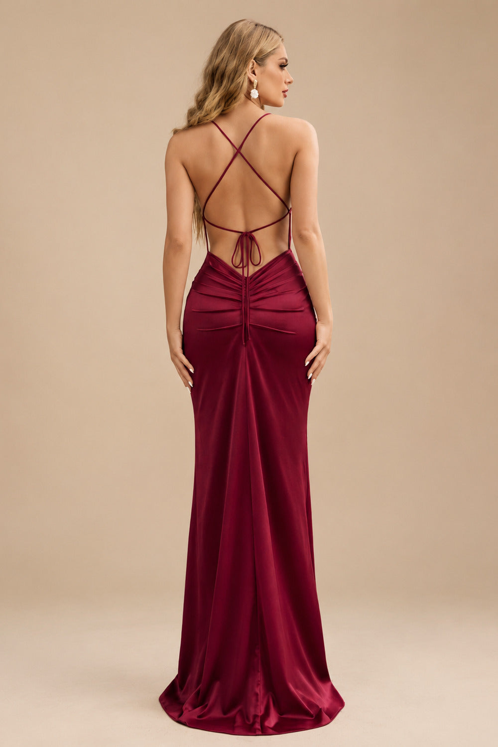 Rutipo Burgundy Sheath/Column Cowl Neck Sleeveless Floor-Length Silk Like Satin Evening Dresses With Split Front