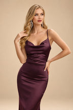 Rutipo Cabernet Sheath/Column Cowl Neck Sleeveless Floor-Length Silk Like Satin Evening Dresses With Split Front