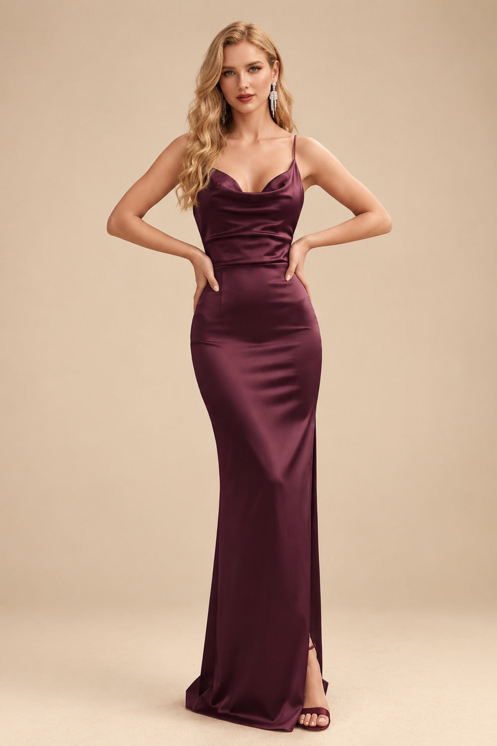 Rutipo Cabernet Sheath/Column Cowl Neck Sleeveless Floor-Length Silk Like Satin Evening Dresses With Split Front