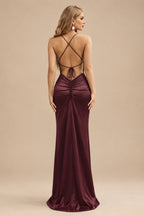 Rutipo Cabernet Sheath/Column Cowl Neck Sleeveless Floor-Length Silk Like Satin Evening Dresses With Split Front