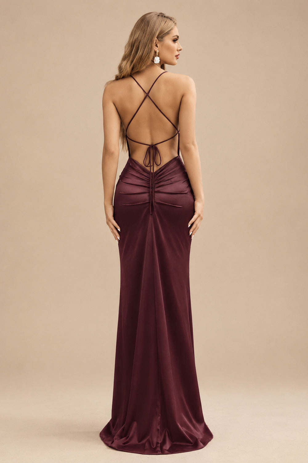 Rutipo Cabernet Sheath/Column Cowl Neck Sleeveless Floor-Length Silk Like Satin Evening Dresses With Split Front