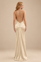 Rutipo Champagne Sheath/Column Cowl Neck Sleeveless Floor-Length Silk Like Satin Evening Dresses With Split Front