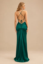 Rutipo Emerald Sheath/Column Cowl Neck Sleeveless Floor-Length Silk Like Satin Evening Dresses With Split Front