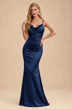 Rutipo Navy Blue Sheath/Column Cowl Neck Sleeveless Floor-Length Silk Like Satin Evening Dresses With Split Front