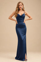 Rutipo Navy Blue Sheath/Column Cowl Neck Sleeveless Floor-Length Silk Like Satin Evening Dresses With Split Front