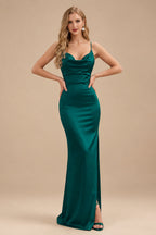 Rutipo Peacock Sheath/Column Cowl Neck Sleeveless Floor-Length Silk Like Satin Evening Dresses With Split Front