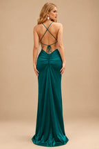 Rutipo Peacock Sheath/Column Cowl Neck Sleeveless Floor-Length Silk Like Satin Evening Dresses With Split Front