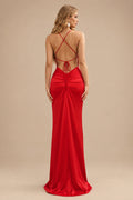 Rutipo Red Sheath/Column Cowl Neck Sleeveless Floor-Length Silk Like Satin Evening Dresses With Split Front