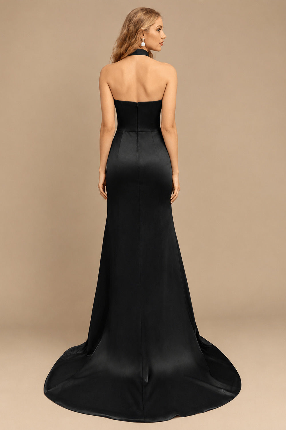 Rutipo Black Sheath/Column Halter Charmeuse Evening Dress With High Split