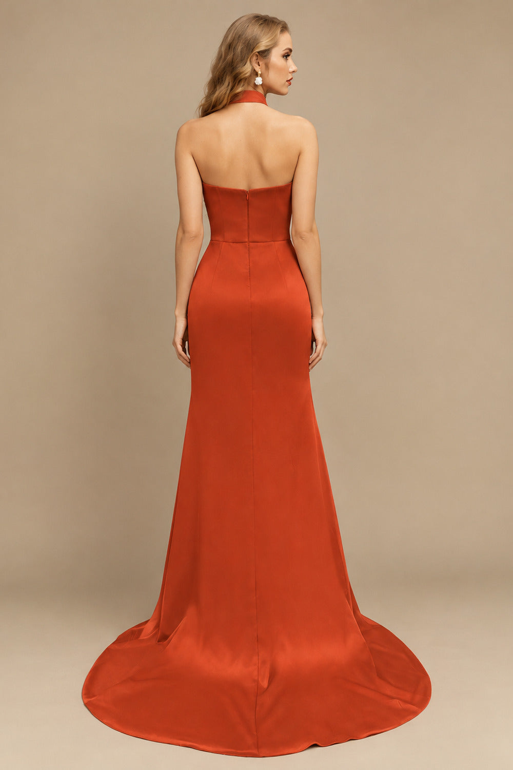 Rutipo Burnt Orange Sheath/Column Halter Charmeuse Evening Dress With High Split