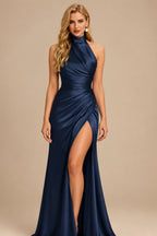 Rutipo Navy Blue Sheath/Column Halter Charmeuse Evening Dress With High Split