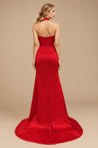 Rutipo Red Sheath/Column Halter Charmeuse Evening Dress With High Split