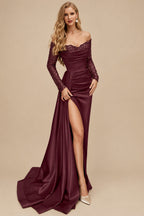 Rutipo Cabernet Sheath/Column Off-The-Shoulder Long Sleeves Satin Evening Dresses With High Split