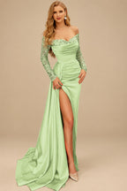 Rutipo Celadon Sheath/Column Off-The-Shoulder Long Sleeves Satin Evening Dresses With High Split
