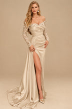 Rutipo Champagne Sheath/Column Off-The-Shoulder Long Sleeves Satin Evening Dresses With High Split