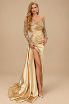 Rutipo Gold Sheath/Column Off-The-Shoulder Long Sleeves Satin Evening Dresses With High Split
