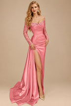 Rutipo Watermelon Sheath/Column Off-The-Shoulder Long Sleeves Satin Evening Dresses With High Split