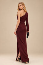 Rutipo Burgundy Black One-Shoulder Long Sleeves Evening Dresses With High Split