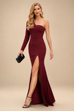 Rutipo Burgundy Black One-Shoulder Long Sleeves Evening Dresses With High Split