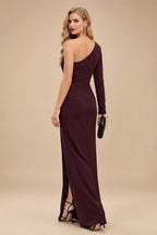 Rutipo Cabernet Black One-Shoulder Long Sleeves Evening Dresses With High Split