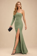 Rutipo Celadon Black One-Shoulder Long Sleeves Evening Dresses With High Split
