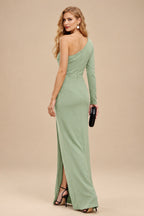 Rutipo Celadon Black One-Shoulder Long Sleeves Evening Dresses With High Split