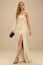 Rutipo Champagne Black One-Shoulder Long Sleeves Evening Dresses With High Split