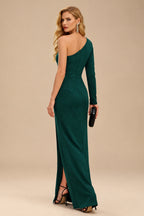 Rutipo Dark Green Black One-Shoulder Long Sleeves Evening Dresses With High Split