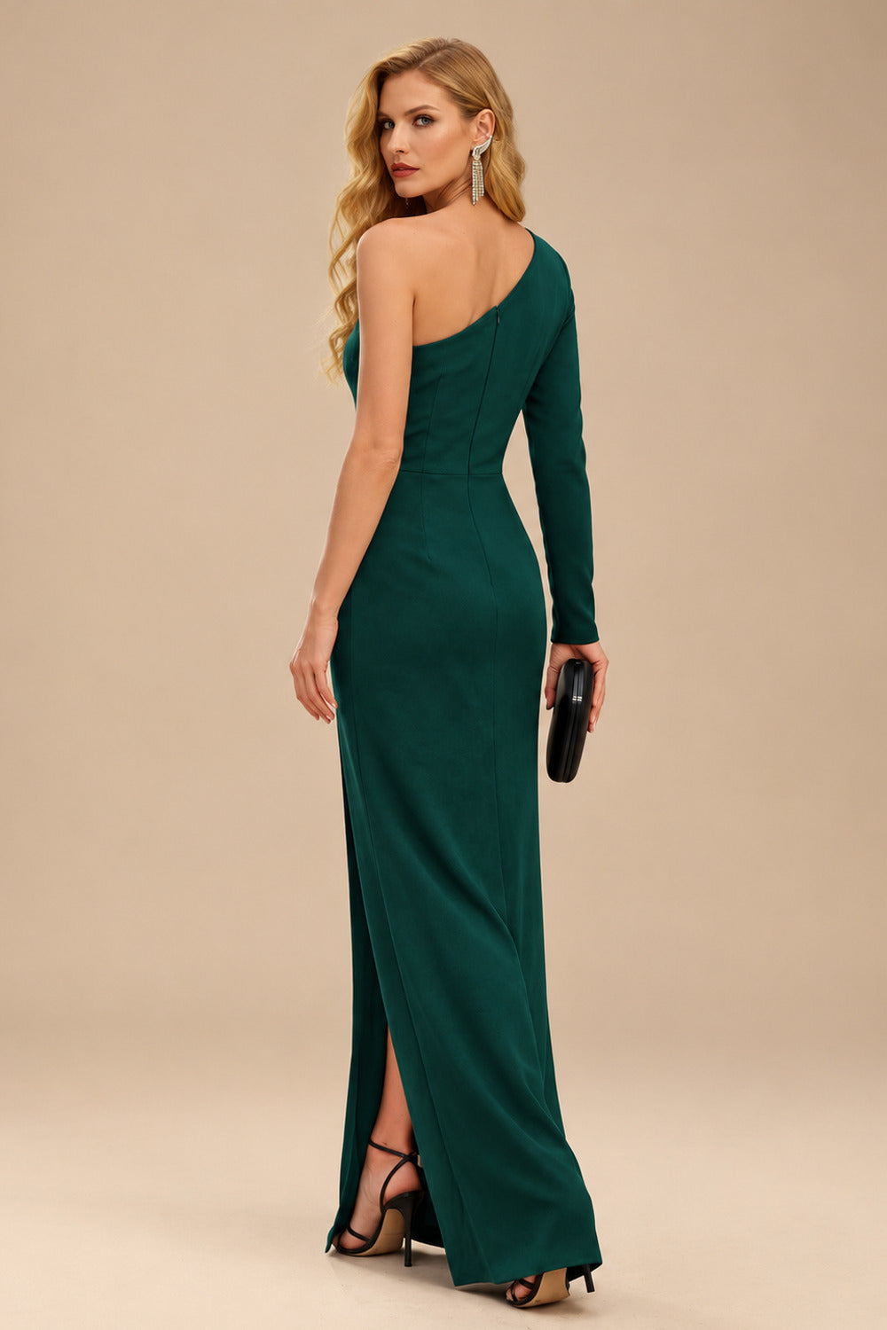 Rutipo Dark Green Black One-Shoulder Long Sleeves Evening Dresses With High Split